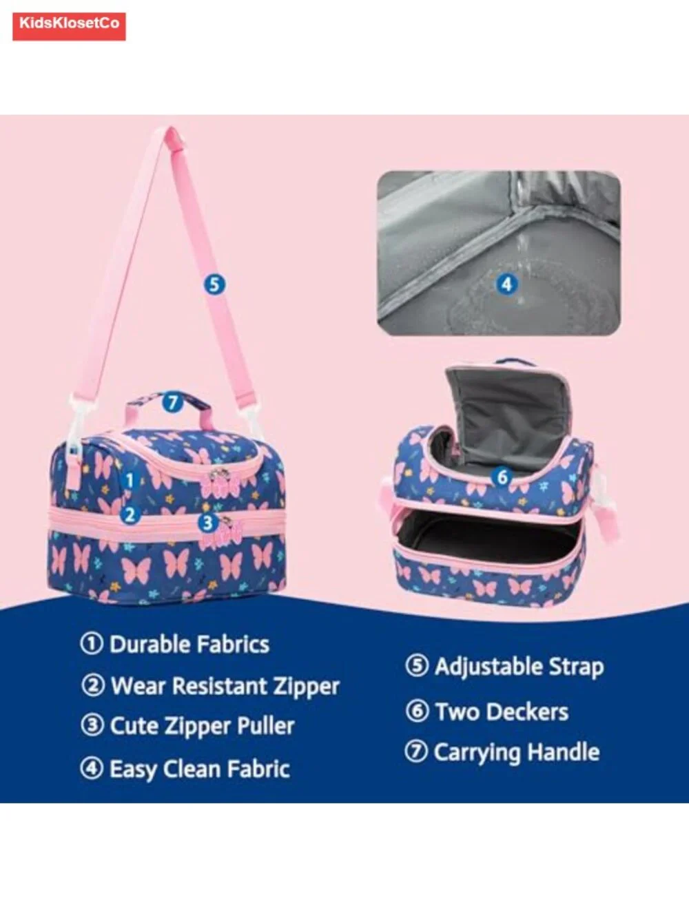 Insulated Kids Lunch Bag Tote with Shoulder Strap, Dual Compartment, Water
